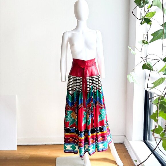 Vintage Wayne Clark Colourful Geometric Print Leather Detail Maxi Skirt S - Picture 7 of 10